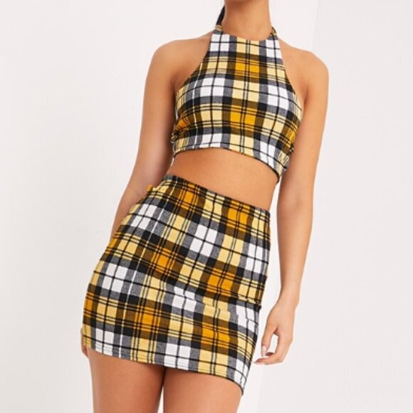 PrettyLittleThing Yellow Check Print Mini Skirt 6 - Picture 3 of 9